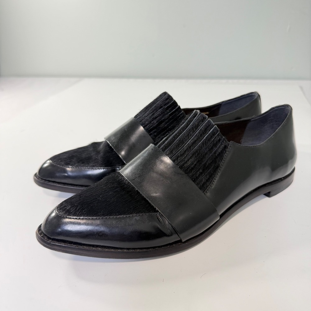 Loeffler Randall Black Leather Calf Hair Pointed Toe Loafers Size 10 B Brazil
